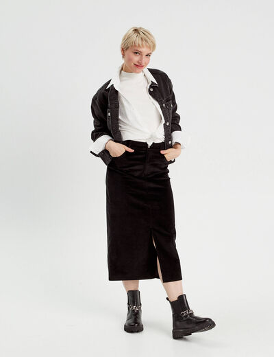 Jupe midi droite velours noir femme