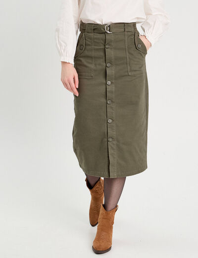 Jupe midi droite ceinturée vert kaki femme