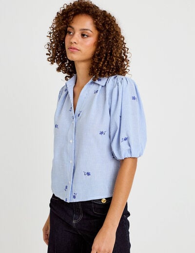 Chemise droite col classique manches 3/4 bleu clair femme