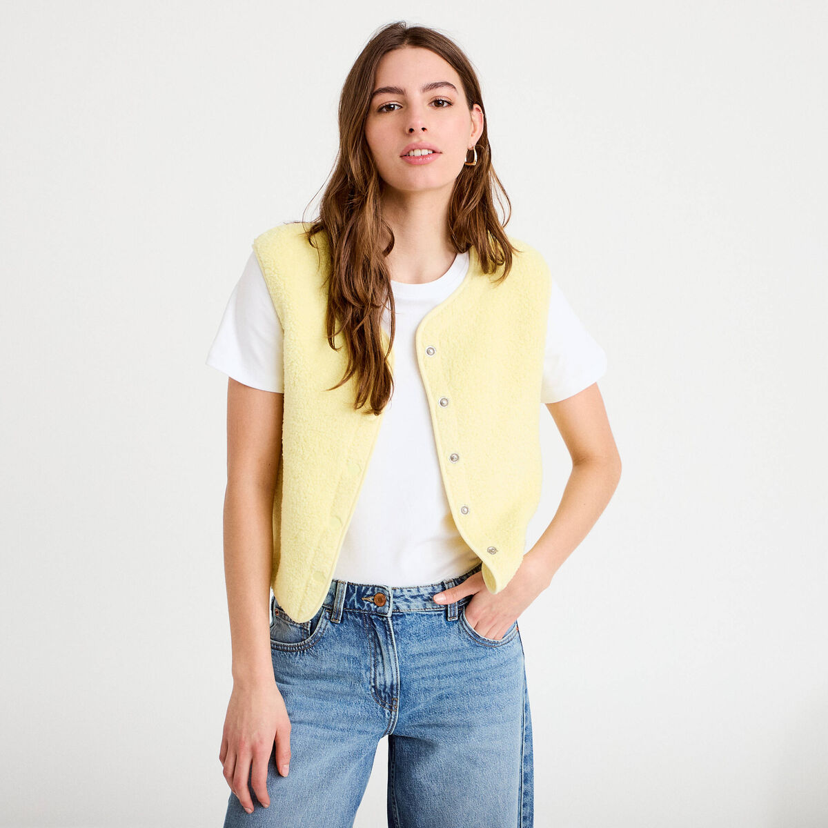 Gilet sans manches effet polaire jaune clair femme