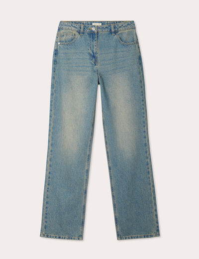Jeans droit bride arrière denim bleach femme