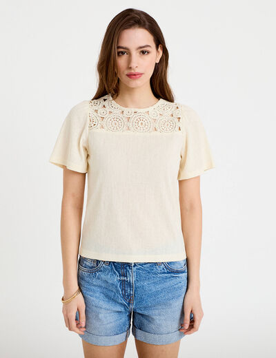 T-shirt manches courtes aspect dentelle ecru femme