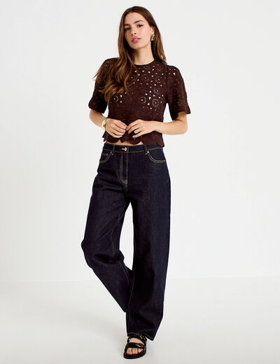 T-shirt macram&eacute; col rond marron fonc&eacute; femme