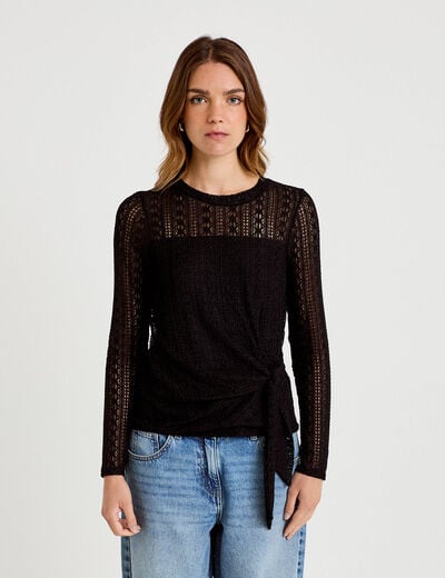 Top droit manches longues dentelle noir femme