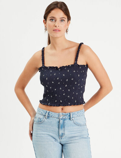 Débardeur smocké bleu marine femme