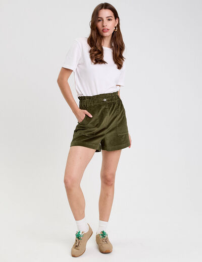 Short taille haute en velours vert kaki femme