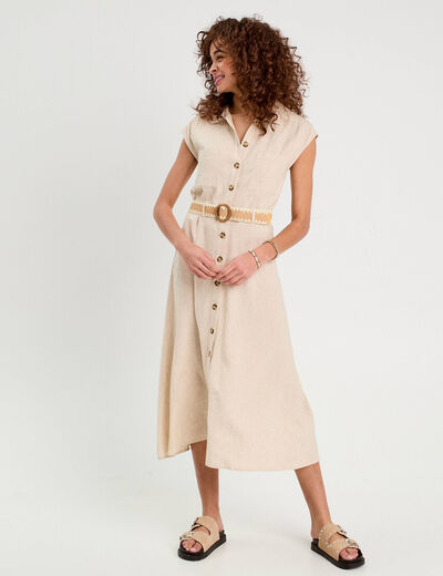 Robe chemise midi contenant du lin beige femme