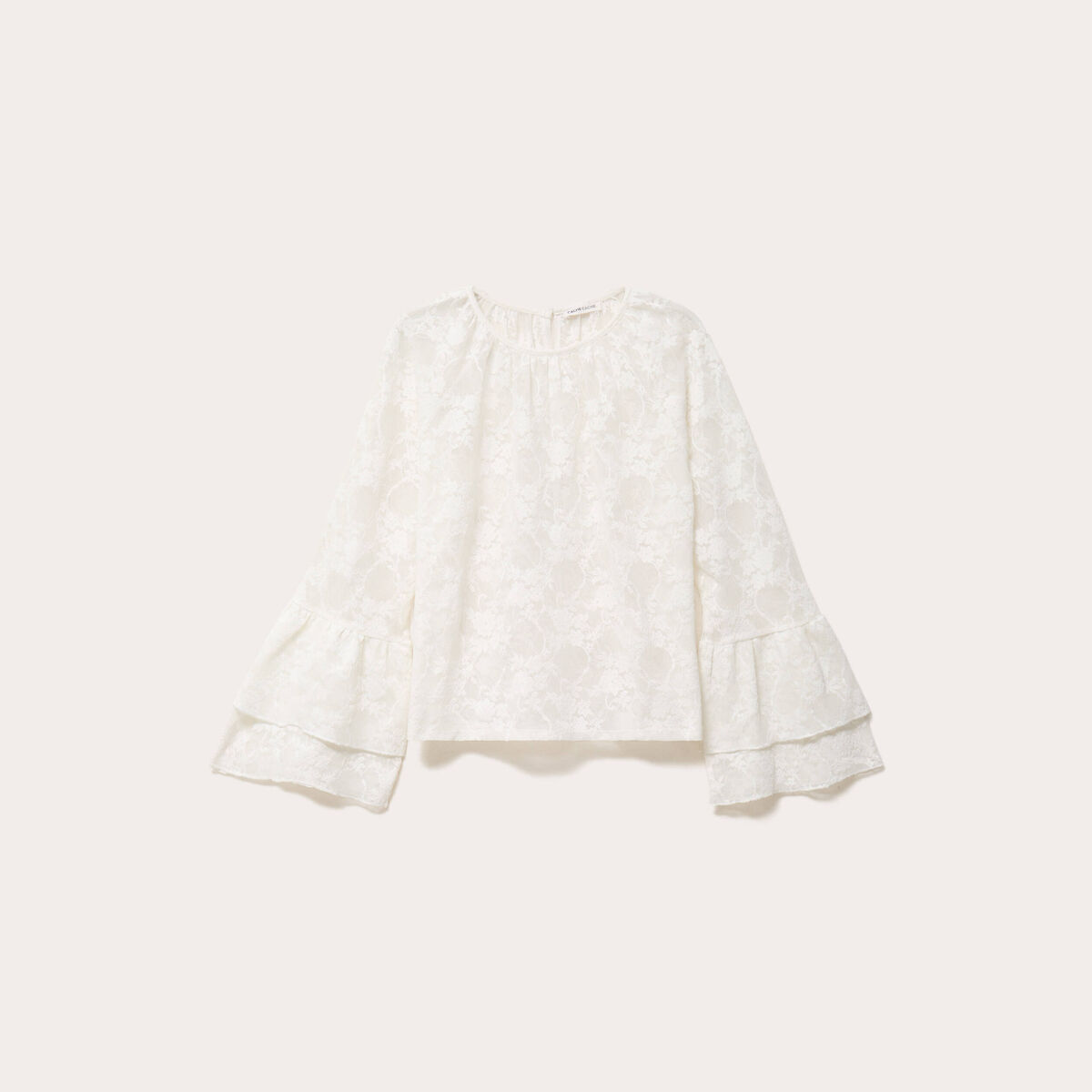 Blouse col rond manches longues dentelle ecru femme