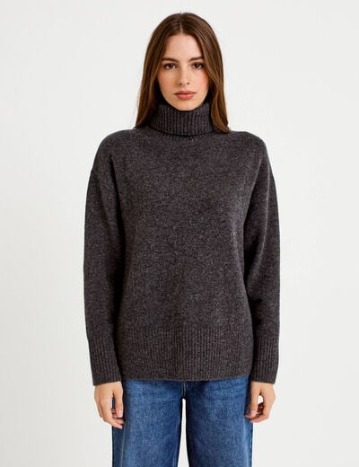 Pull col roul&eacute; manches longues gris femme