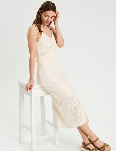 Robe longue évasée ajourée ecru femme