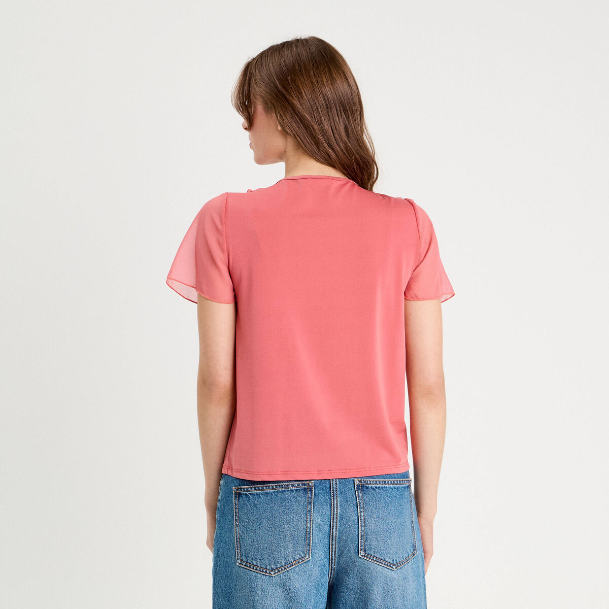 Blouse volants rose pastel femme
