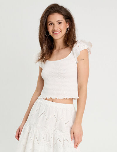T-shirt smocké avec broderie blanc femme
