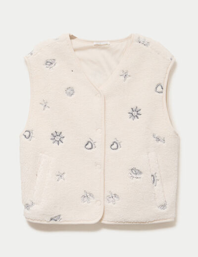 Gilet sans manches effet polaire col v ecru femme