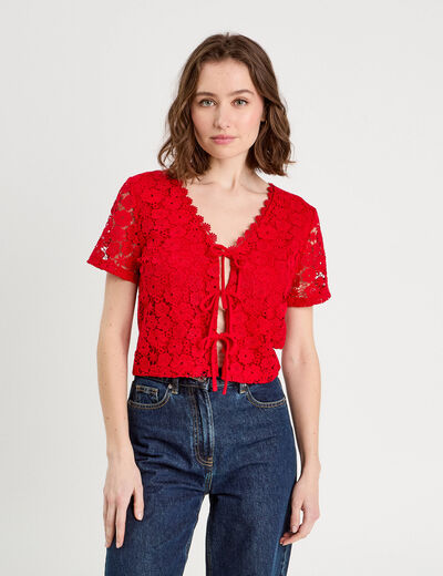 T-shirt noué dentelle guipure rouge femme