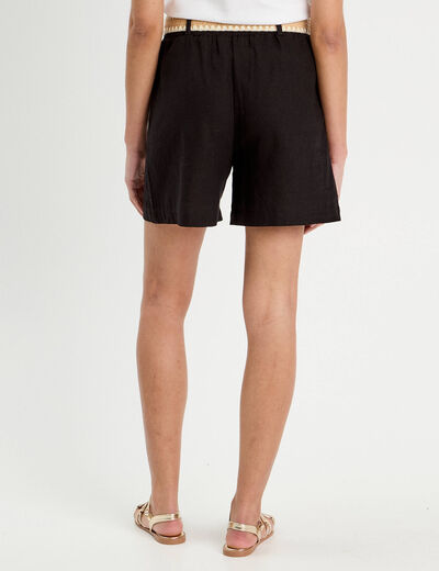 Short ample ceinturé contenant du lin noir femme