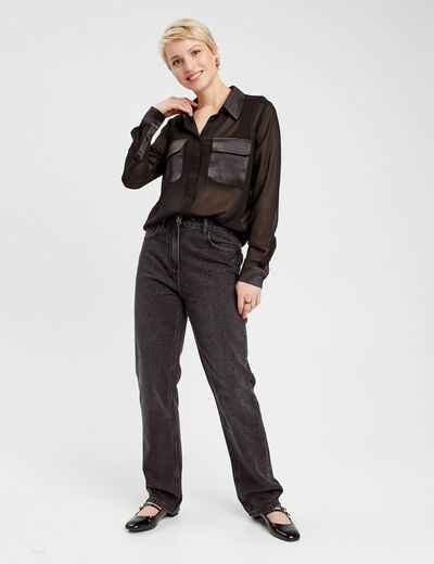 Chemise poches en satin noir femme