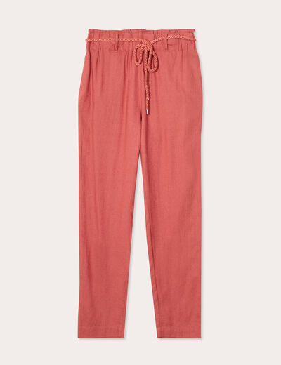 Pantalon droit fluide contenant du lin vieux rose femme