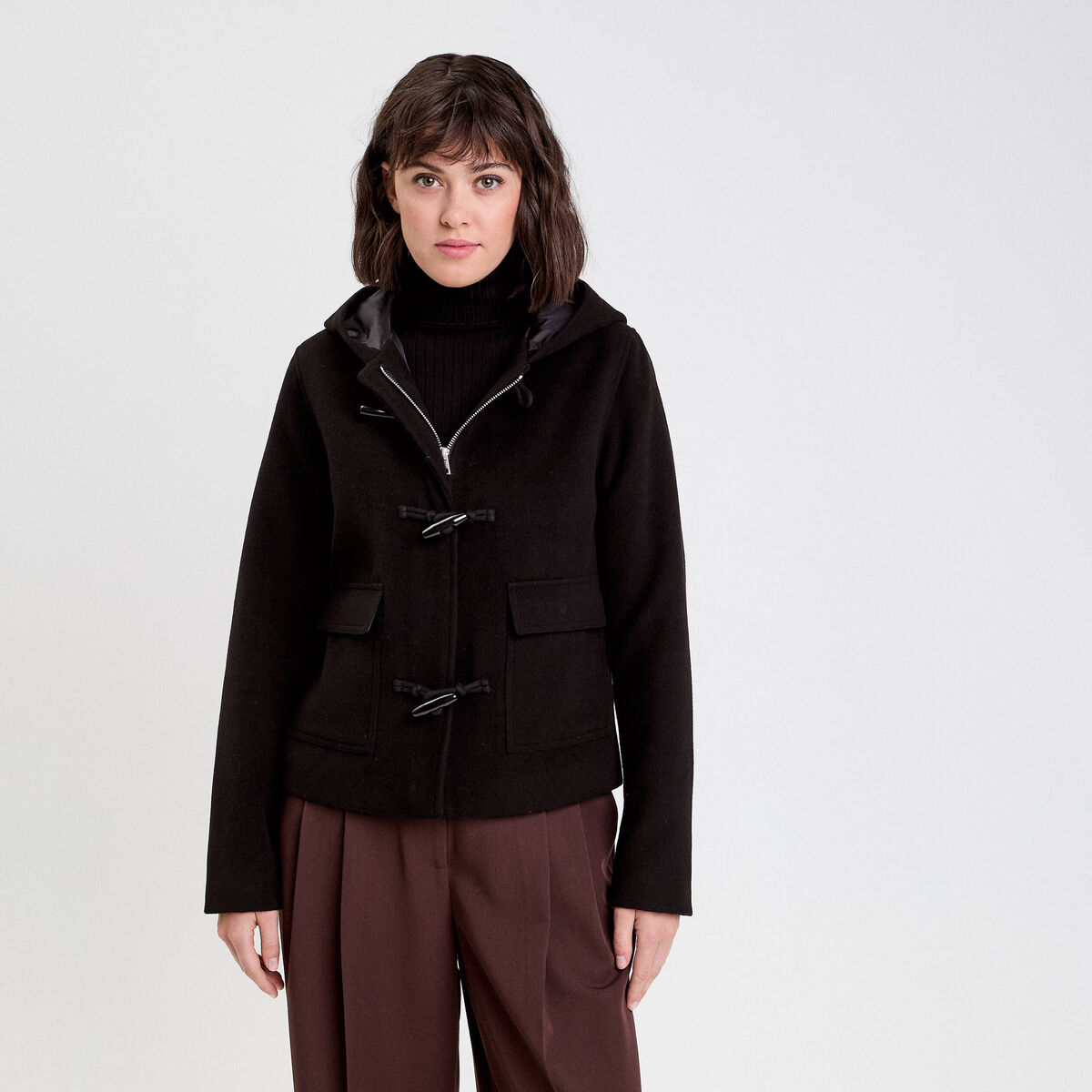 Duffle Coat Topshop Noir Avec Capuche - Taille S/36, Laine Mélangée, Occasion Très Bon État