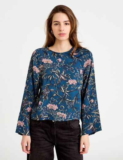 Blouse manches longues encolure bateau bleu p&eacute;trole femme