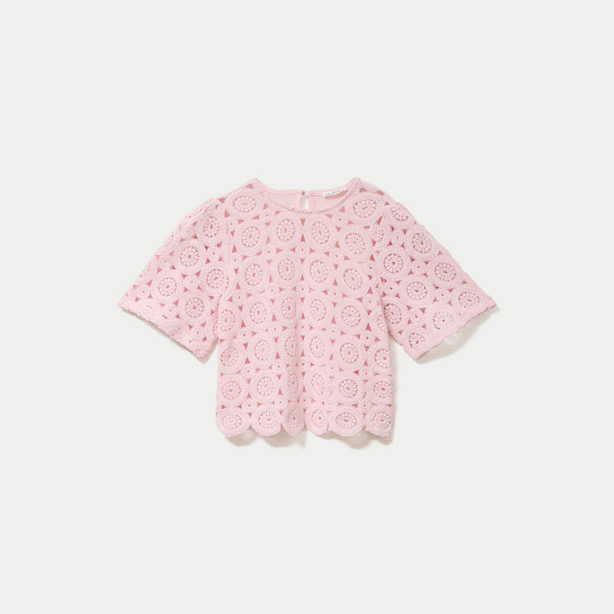 T-shirt macram&eacute; col rond rose clair femme