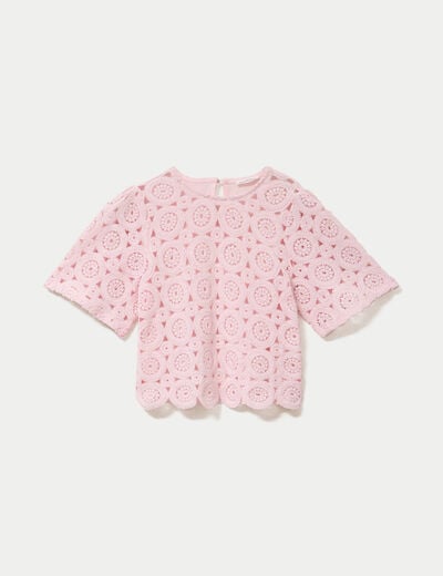 T-shirt macram&eacute; col rond rose clair femme