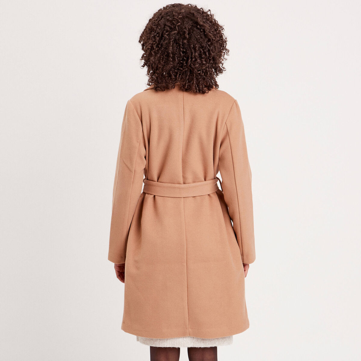 Manteau droit ceinturé camel femme