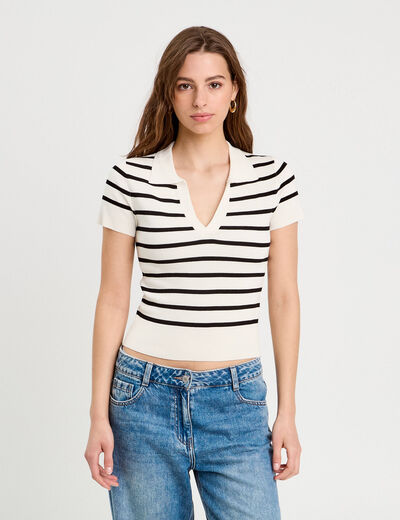 Pull manches courtes col polo blanc femme
