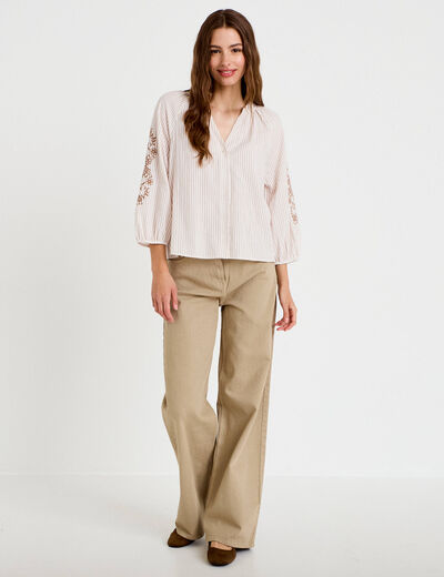 Blouse col v broderie manches 3/4 sable femme