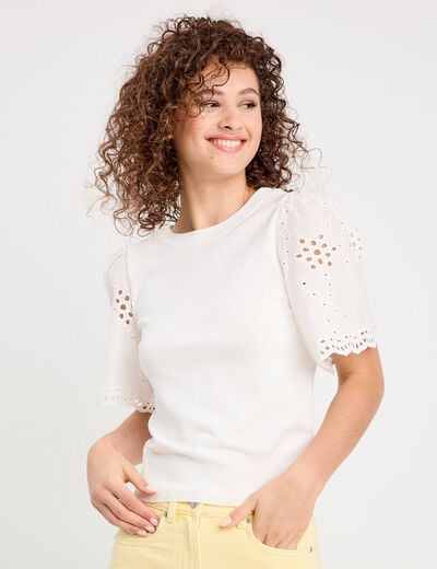 Pull manches broderie anglaise blanc femme