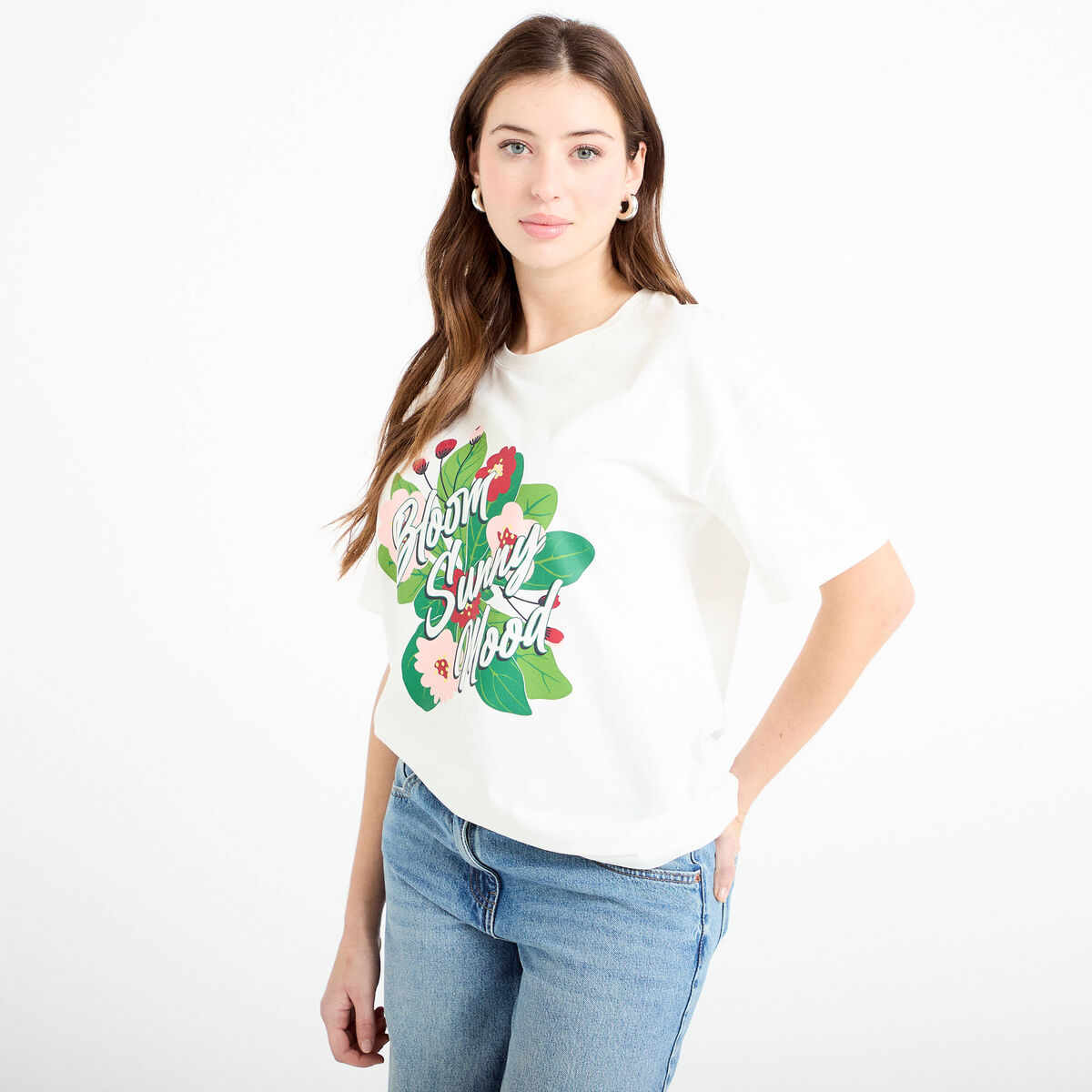 T-shirt col rond manches courtes ecru femme