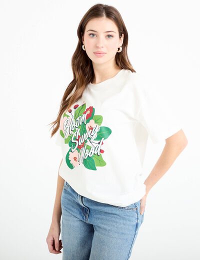 T-shirt col rond manches courtes ecru femme