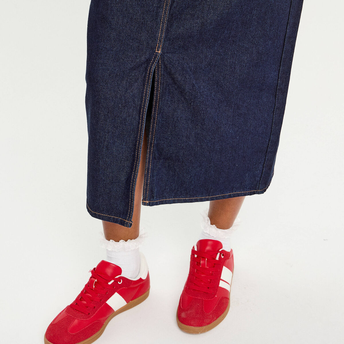 Jupe midi droite en jean denim brut femme