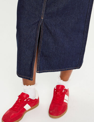 Jupe midi droite en jean denim brut femme