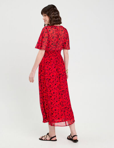 Robe longue évasée col en V rouge femme
