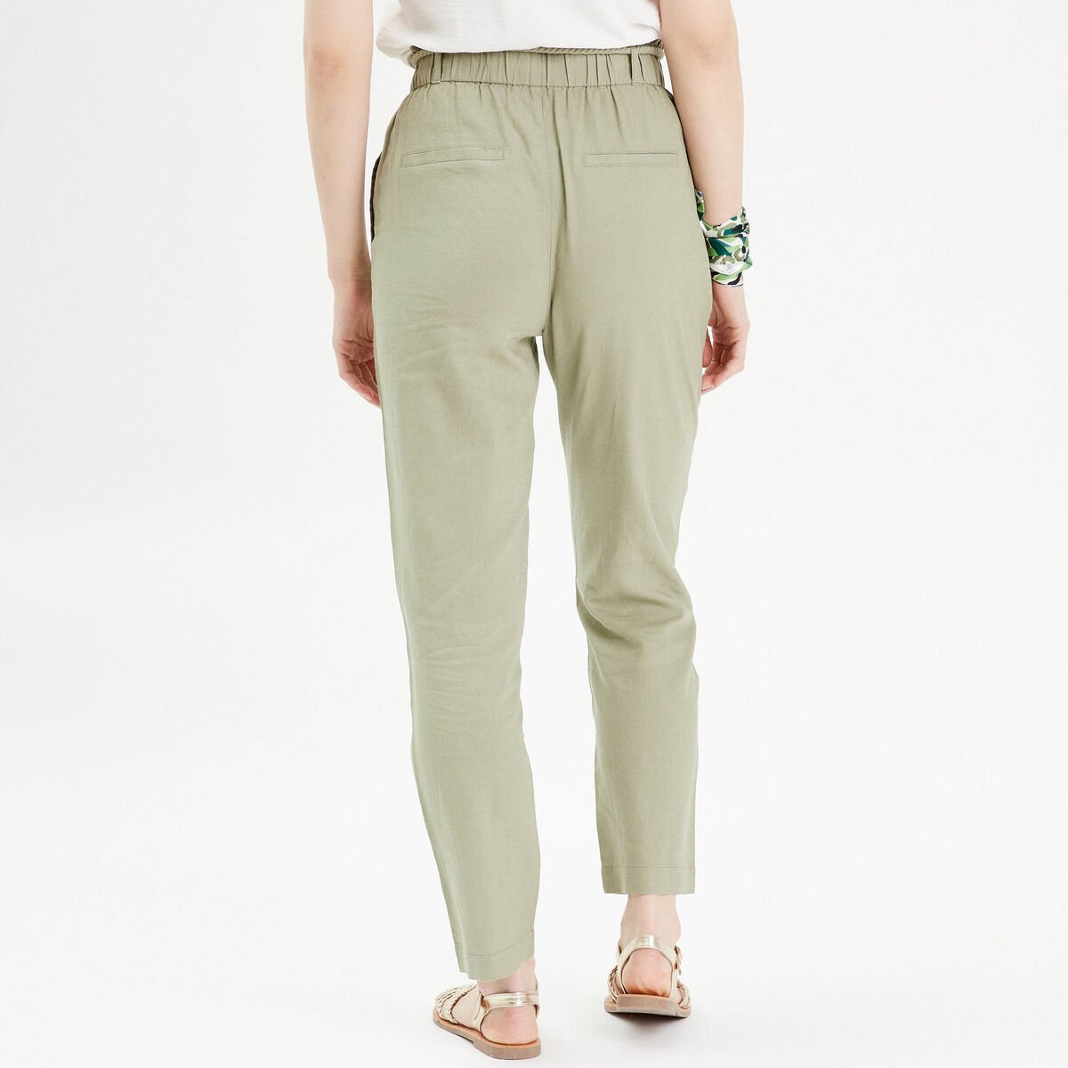 Pantalon droit fluide contenant du lin vert kaki femme
