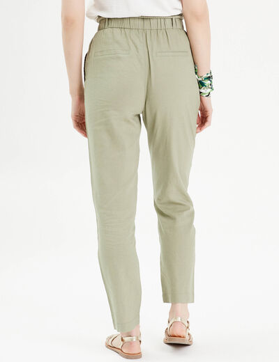 Pantalon droit fluide contenant du lin vert kaki femme