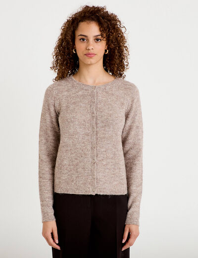 Gilet col rond manches longues taupe femme