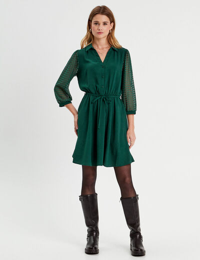 Robe trapèze manches dentelle vert foncé femme