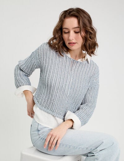 Pull manches longues ajouré bleu pastel femme