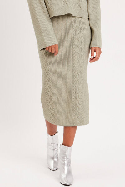 Jupe longue tricot moulante vert kaki femme