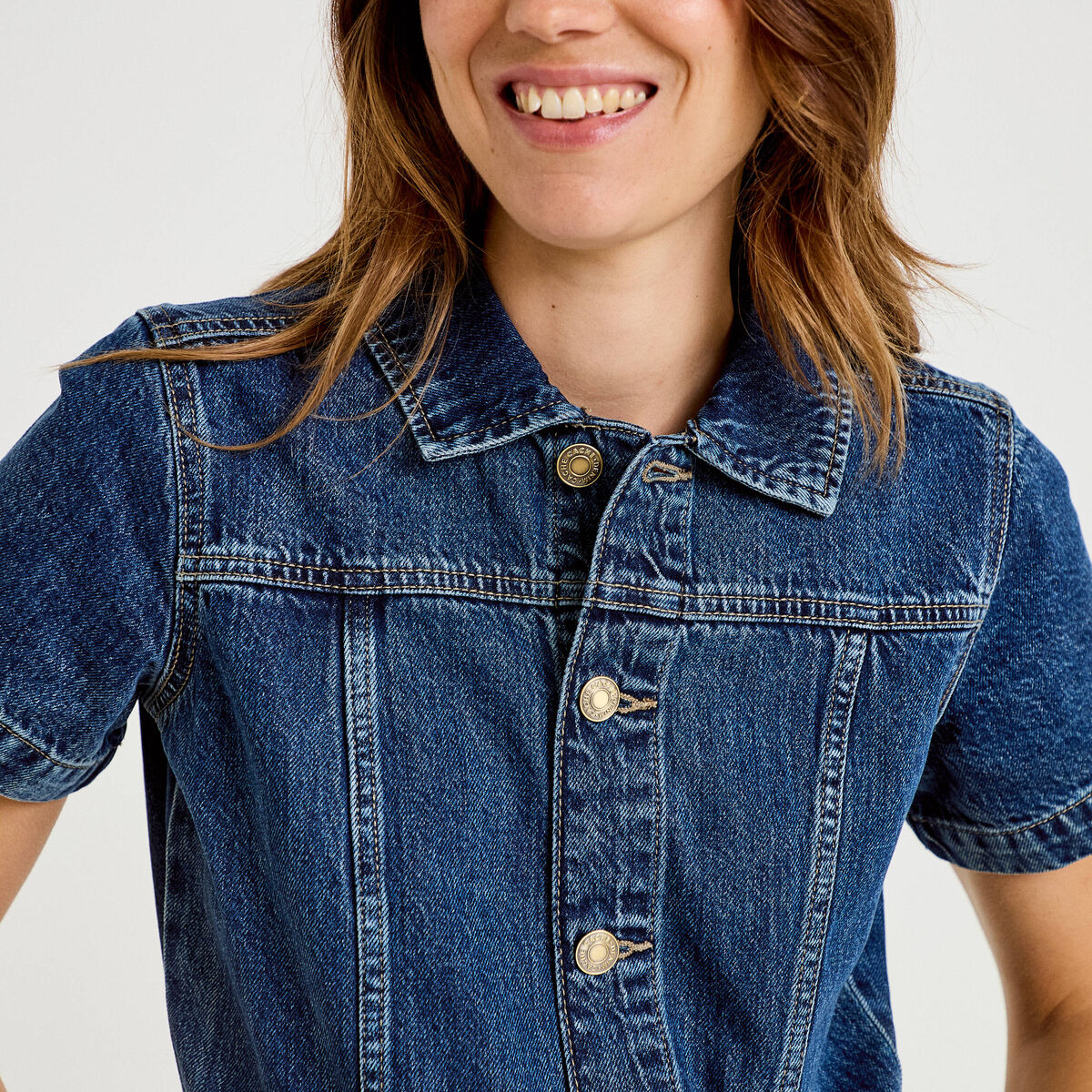 Combinaison jean flare col am&eacute;ricain denim stone femme