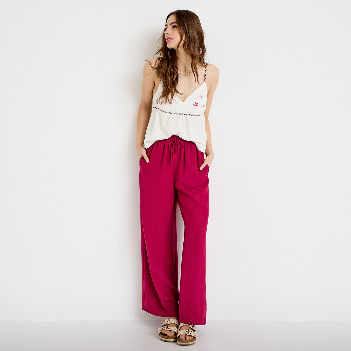 Pantalon large fluide rouge femme