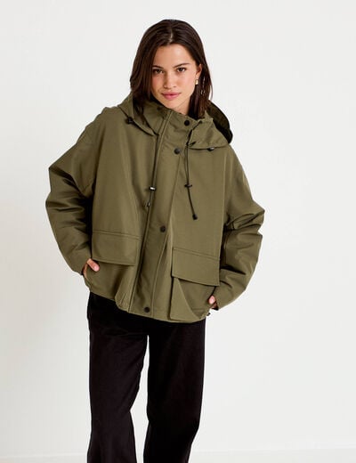 Veste courte bas resserr&eacute; &agrave; capuche vert kaki femme