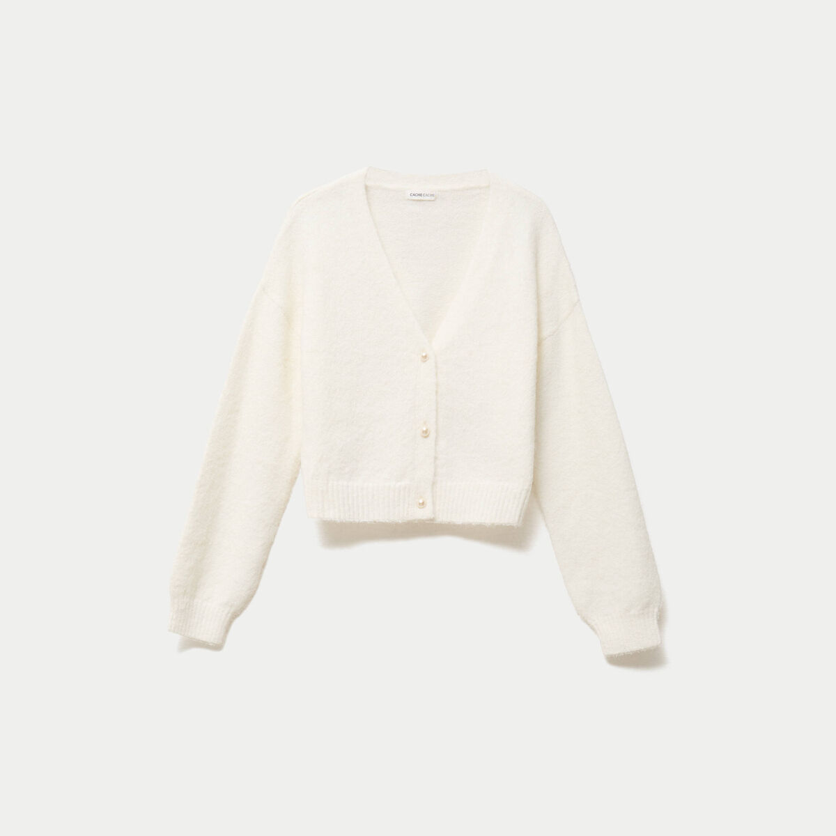 Gilet court ajust&eacute; col v manches longues ecru femme