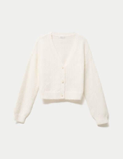 Gilet court ajust&eacute; col v manches longues ecru femme