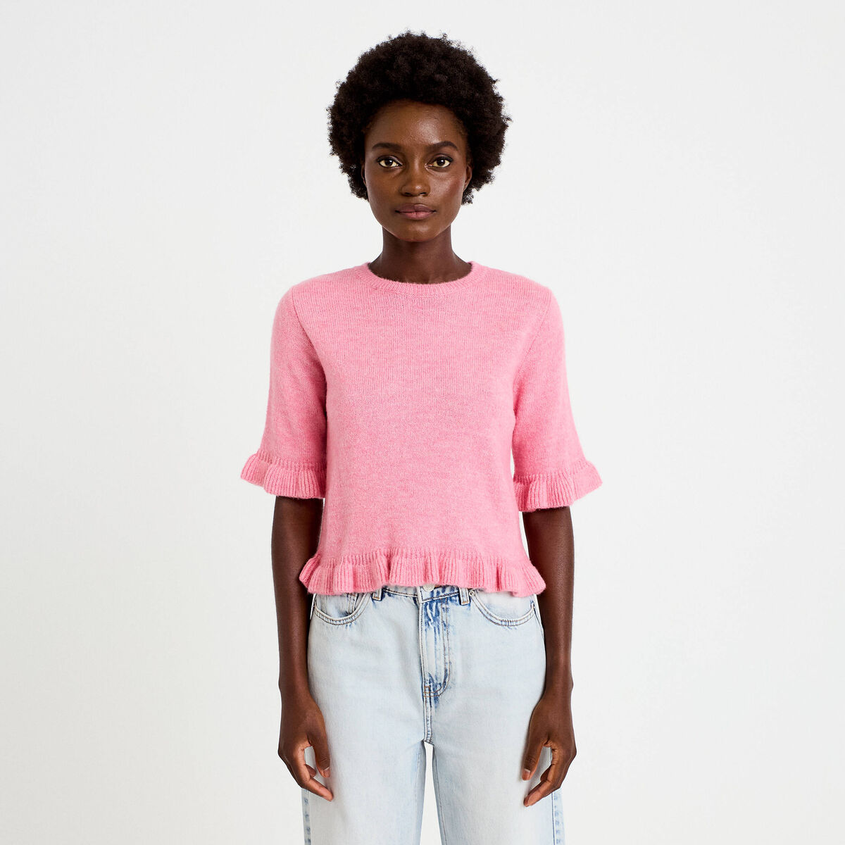 Pull col rond manches courtes rose clair femme