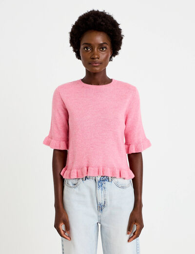 Pull col rond manches courtes rose clair femme