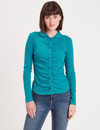 T-shirt côtelé avec fronces bleu femme