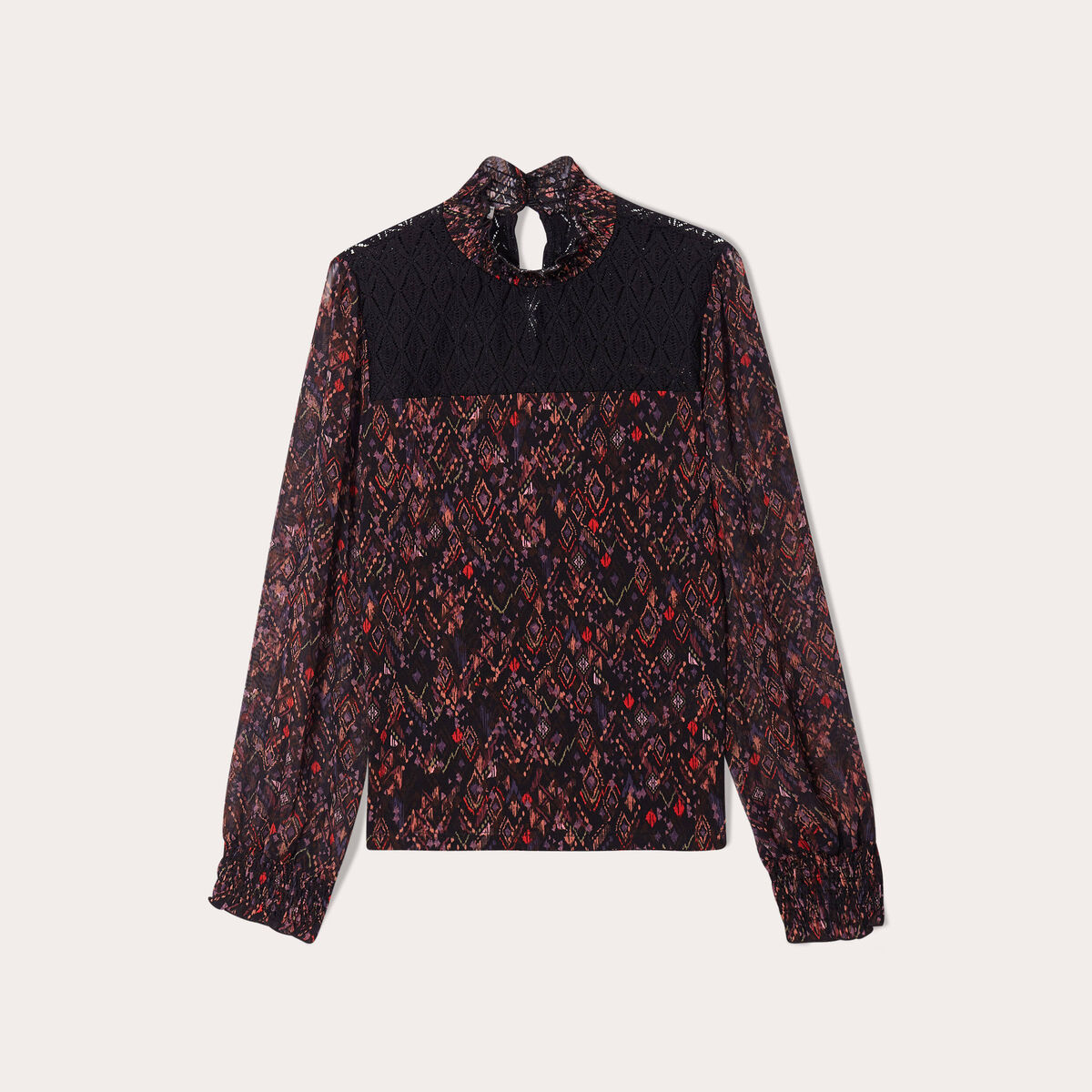 Blouse col montant smocké noir femme