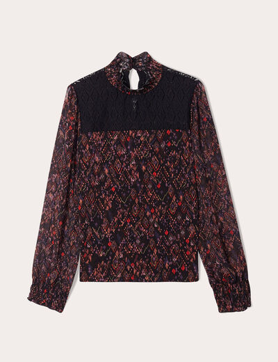 Blouse col montant smocké noir femme